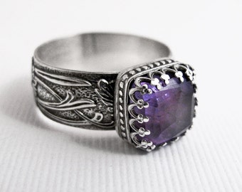 Amethyst Ring: Sterling Silver Square Purple Faceted Gemstone