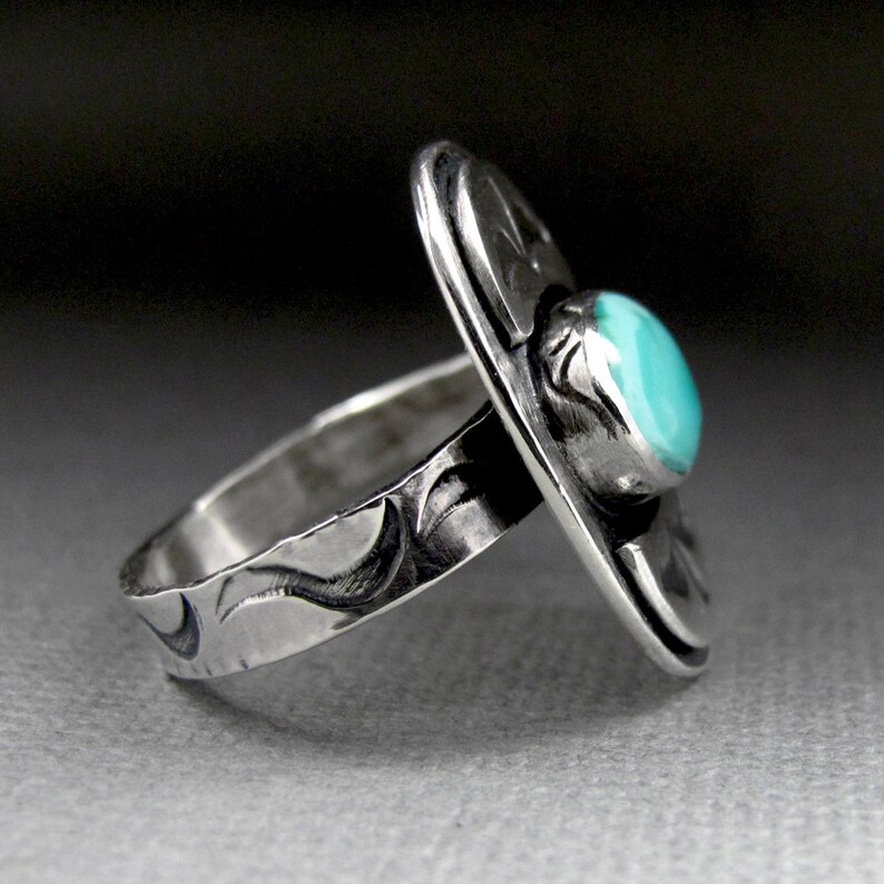 Tribal Turquoise and Sterling Silver Ring Stamped Sterling Silver Turquoise Ring Boho Chic Ring image 3