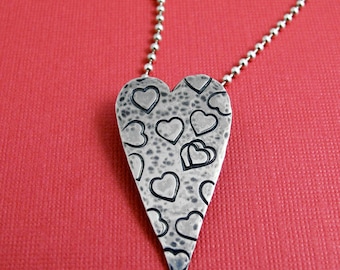 Heart Necklace -Sterling Silver, Elongated, Stamped Heart Necklace