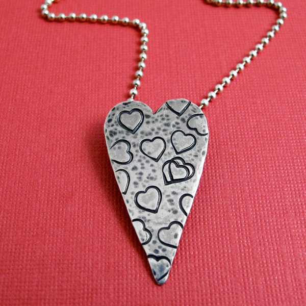 Heart Necklace -Sterling Silver, Elongated, Stamped Heart Necklace