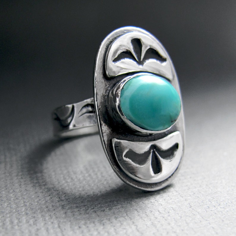 Tribal Turquoise and Sterling Silver Ring Stamped Sterling Silver Turquoise Ring Boho Chic Ring image 2