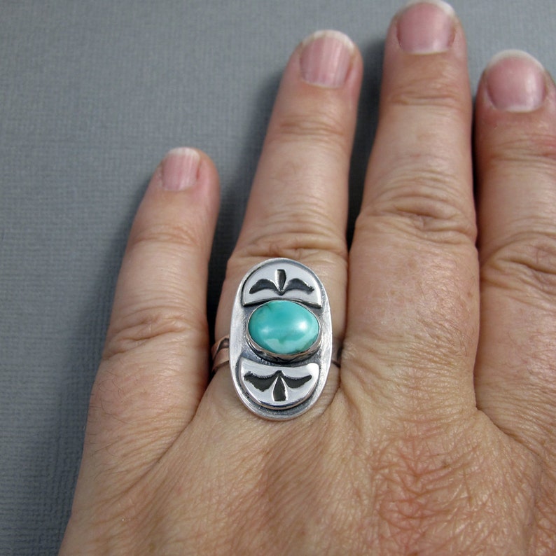 Tribal Turquoise and Sterling Silver Ring Stamped Sterling Silver Turquoise Ring Boho Chic Ring image 4