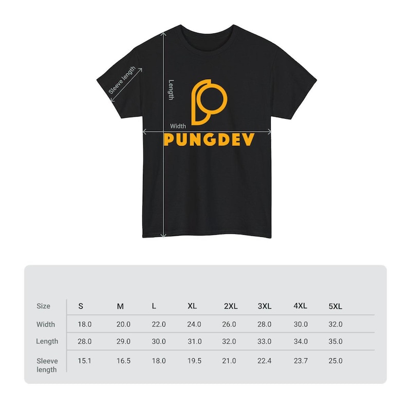 Puede incluir: Camiseta negra con un logotipo amarillo y la palabra "PUNGDEV" en amarillo. La imagen incluye una tabla de tallas con medidas en cm para el ancho, el largo y el largo de la manga, desde la talla S hasta la 5XL.