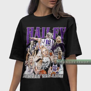 Puede incluir: Camiseta negra con un gráfico morado y blanco de la jugadora de baloncesto Hailey Van Lith. El gráfico incluye el texto "HAILEY" y "HAILEY VAN LITH".