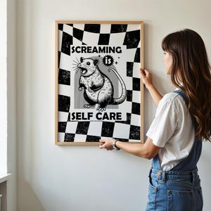 Retro Checkered Screaming Is Self Care Wall Art, Funny Digital Print, Y2K Aesthetic Decor, Motivational Poster, Vintage Typography Art