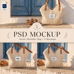 May include: A mockup image featuring a beige straw shoulder bag with brown leather handles and accents. The bag has a woven texture and a small white label that says "MOCKUPS". The image also includes brown sandals and the text "PSD MOCKUP Straw Shoulder Bag • 3 Mockups".