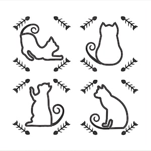 May include: Four black and white outline illustrations of cats in different poses. Each cat is surrounded by a pattern of fish bones.