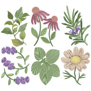 May include: A set of eight embroidered floral designs featuring a variety of flowers and leaves. The designs include lavender, rosemary, daisies, and coneflowers. The flowers are in shades of purple, pink, yellow, and white. The leaves are in shades of green.