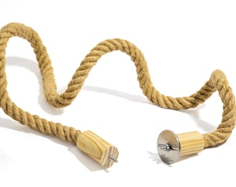 May include: A natural jute rope with wooden ends and a metal hook. The rope is coiled and ready to hang.