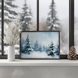 Snowy Pine Trees Printable Wallart, Winter Forest, Gentle Snowfall, Minimalist Winter Scene, Digital Artwork, Instant Download
