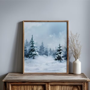 Snowy Pine Trees Printable Wallart, Winter Forest, Gentle Snowfall, Minimalist Winter Scene, Digital Artwork, Instant Download