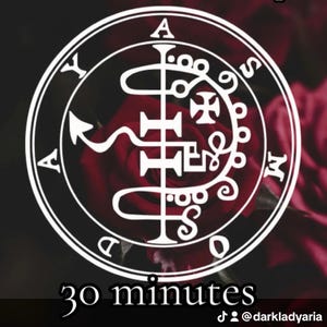 May include: Circular white graphic with the text "Infernal Mentorship" and a stylized symbol. The text "30 minutes" is below the symbol. The background is a dark red rose.