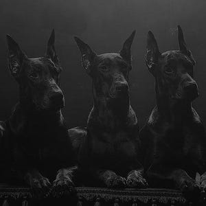 Puede incluir: Imagen en blanco y negro de tres perros oscuros, probablemente Dobermans, tumbados y mirando hacia adelante. Sus orejas están erguidas. La imagen destaca sus siluetas y expresiones.