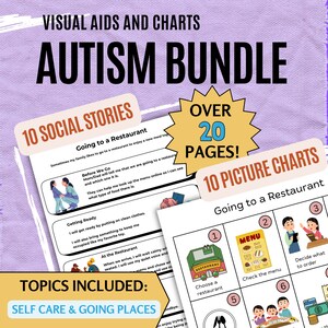 Visuele hulpmiddelen voor autisme, set van 20, sociale verhalen en diagrammen, uitgaan, zelfzorg, stapsgewijze instructies, angstbeheersing