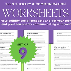 Op de afbeelding: Een set van negen werkbladen voor tienertherapie en communicatie. De werkbladen behandelen onderwerpen als sensorische verwerking, zelfvoorspraak, daten, puberteit, communicatievaardigheden en tijdmanagement. De werkbladen zijn ontworpen om tieners en pre-tieners te helpen sociale vaardigheden te ontwikkelen en de communicatie met anderen te verbeteren.