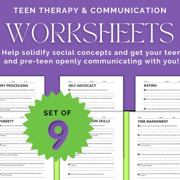 Teen Communication Worksheets, Therapy Use Aid, Autism and Special Needs Resource, Set of 9 Emotional Support Printable's, Questionnaire PDF