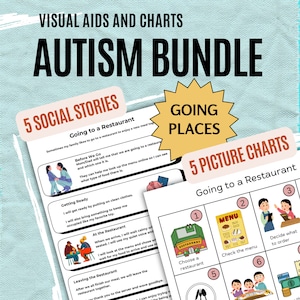 Visuele hulpmiddelen voor autisme, bundel van 10, sociale verhalen en diagrammen, stap voor stap uitgaan in de gemeenschap, angstbeheersing, pdf