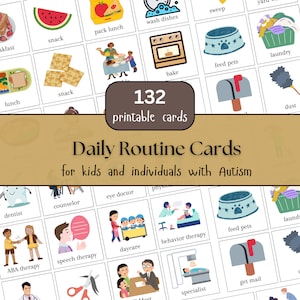 Op de afbeelding: Een set van 132 printbare kaarten voor kinderen en mensen met autisme. De kaarten bevatten kleurrijke illustraties van dagelijkse routines, zoals tandenpoetsen, aankleden en ontbijten. De kaarten zijn ontworpen om kinderen te helpen dagelijkse routines te leren en te begrijpen.