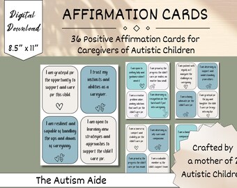 Daily Affirmation Cards For Caregivers of Autistic Children, Set of 36 Printable Positivity Quotes, Uplifting Collection, Gift for Caregiver