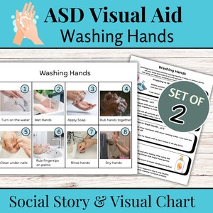 Visuele hulpmiddelen voor ASS, handen wassen, instructieschema voor sociale verhalen en afbeeldingen, stapsgewijze routinekaarten, hulpbron voor autisme, PDF met speciale behoeften