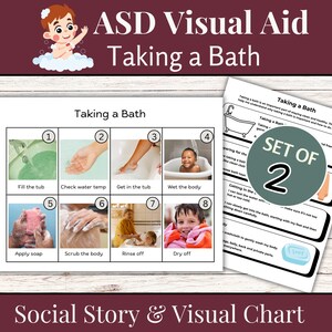Visuele hulpmiddelen voor ASS, in bad gaan, sociaal verhaal en instructieschema met afbeeldingen, stapsgewijze routinekaarten, hulpmiddelen voor autisme, speciaal onderwijs