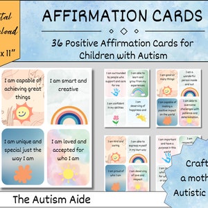 Tägliche Affirmationskarten für Kinder mit Autismus, Set mit 36 druckbaren Positivitätszitaten, Hilfsmittel für Zuhause und Therapie, Hilfe für die psychische Gesundheit von Kindern