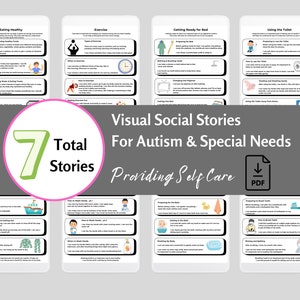 May include: A set of seven visual social stories for autism and special needs, focusing on self-care skills. The stories include topics like eating healthily, exercise, getting ready for bed, using the toilet, playing in the bath, washing hands, and brushing teeth. The stories are illustrated with colourful images and simple text.
