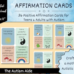 Tarjetas de afirmación diaria para adolescentes y adultos con autismo, conjunto de 36 citas de positividad imprimibles, recurso de ansiedad por depresión, salud mental
