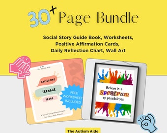 Paquete de apoyo para el autismo adolescente, guía de historias sociales, tarjetas de afirmación, recursos para la pubertad y las citas, cuadro de reflexión diaria, hojas de trabajo de terapia