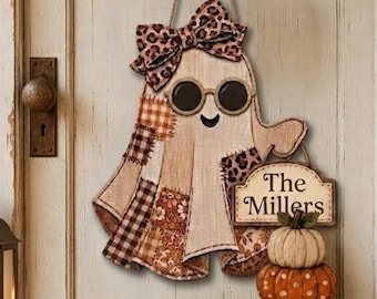 Personalized Halloween Ghost Door Sign, Custom Family Name Wood Door Hanger, Witch Hat Pumpkin Porch Decor, Fall Front Door Decor