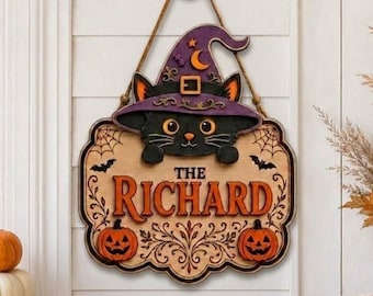 Personalized Halloween Black Cat Door Sign, Custom Family Name Wood Door Hanger, Witch Hat Pumpkin Porch Decor, Fall Front Door Decor