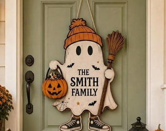 Personalized Halloween Ghost Door Sign, Custom Family Name Wood Door Hanger, Witch Hat Pumpkin Porch Decor, Fall Front Door Decor
