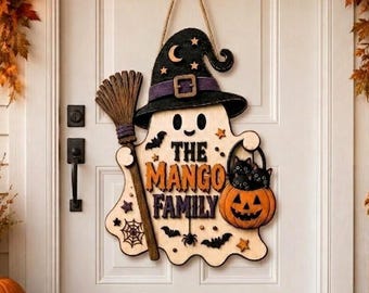 Personalized Halloween Ghost Door Sign, Custom Family Name Wood Door Hanger, Witch Hat Pumpkin Porch Decor, Fall Front Door Decor