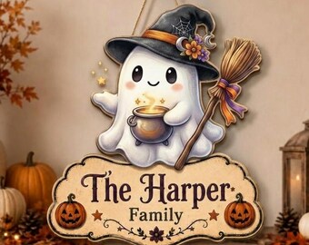 Personalized Halloween Ghost Door Hanger Custom Family Name Wood Sign Fall Porch Decor Gift
