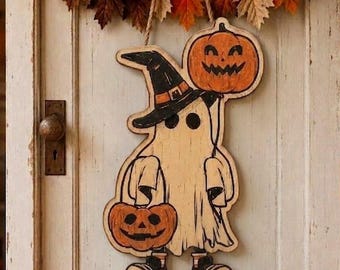 Ghost Halloween Door Sign, Wooden Porch Hanger, Spooky Decor