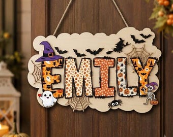Personalized Name Kids Halloween Door Sign, Custom Name Wood Door Hanger, Witch Hat Pumpkin Porch Decor, Fall Front Door Decor