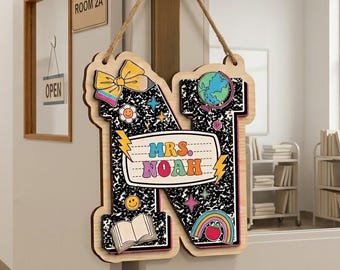 Personalized Teacher Name Sign, Custom Wood Door Hanger, Rainbow Daisy Classroom Decor, Laser Cut Teacher Gift, Mrs (and Mr) Name Plaque