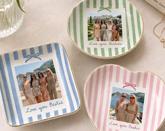 Personalized Bestie Photo Jewelry Dish, Ceramic Trinket Tray for Best Friend, Bestie Striped Ring Dish, Birthday Gifts For Bestie