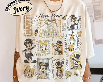 Retro Mickey & Friends New Year’s Eve Coquette Bow Shirt, Happy New Year 2026 Tee, Magical Castle Fireworks Tee, Girly Balloons New Year Tee
