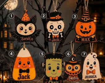 Personalized Halloween Character Wooden Block, Cute Ghost Pumpkin Cat Decor, Rustic Halloween Sign, Spooky Fall Shelf Decor, Halloween Gift