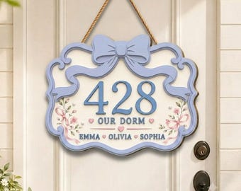Personalized Wooden Room Number Sign, Pink Bow Door Hanger, Coquette Dorm Decor
