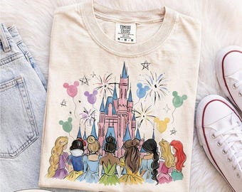 Retro Watercolor Disney Princess Shirt, Magic Castle Tee, Disney Magic Kingdom Shirt, Disneyworld Family Trip 2026, Disneyworld Girls Trip