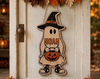 Personalized Halloween Ghost Door Sign, Custom Name Wood Door Hanger, Witch Hat Pumpkin Porch Decor, Fall Front Door Decor