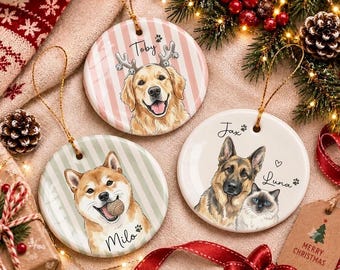 Personalized Pet Memorial Watercolor Ornament from Photo + Name – Striped Dog & Cat Ornament, Personalized Pet Remembrance Gift Loss
