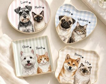 Personalized Pet Portrait Jewelry Dish, Dog Cat Photo Trinket Tray, Pet Memorial Jewelry Dish, Gift For Dog Mom, Gift For Pet Lovers