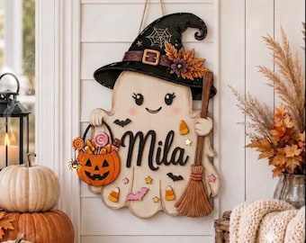 Personalized Halloween Ghost Door Sign, Custom Name Wood Door Hanger, Witch Hat Pumpkin Porch Decor, Fall Front Door Decor