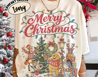Retro Winnie the Pooh Christmas Shirt, Disney Family Matching Xmas Tee, Pooh and Friends Holiday T-Shirt, Merry Christmas Pooh Bear Tee