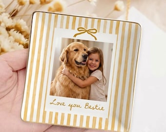 Personalized Bestie Photo Jewelry Dish, Striped Ceramic Ring Dish, Custom Best Friend Gift, Birthday Gift for Bestie, Custom Pet