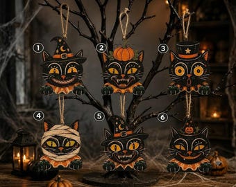 Vintage Halloween Wood Block Decor, Black Cat Shelf Sitter, Retro Spooky Cat Wooden Sign, Tiered Tray Halloween Decoration, Cute Fall Decor