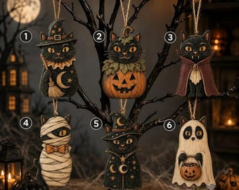 Vintage Halloween Wood Block Decor, Black Cat Shelf Sitter, Retro Spooky Cat Wooden Sign, Tiered Tray Halloween Decoration, Cute Fall Decor